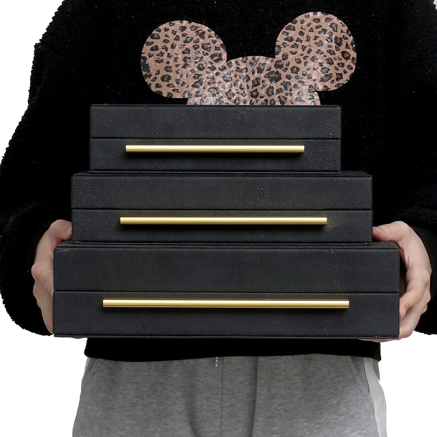 Faux  Leather Decorative Jewelry Storage Nesting Organizer Boxes with Lids Gold Handle Set of 3, Black