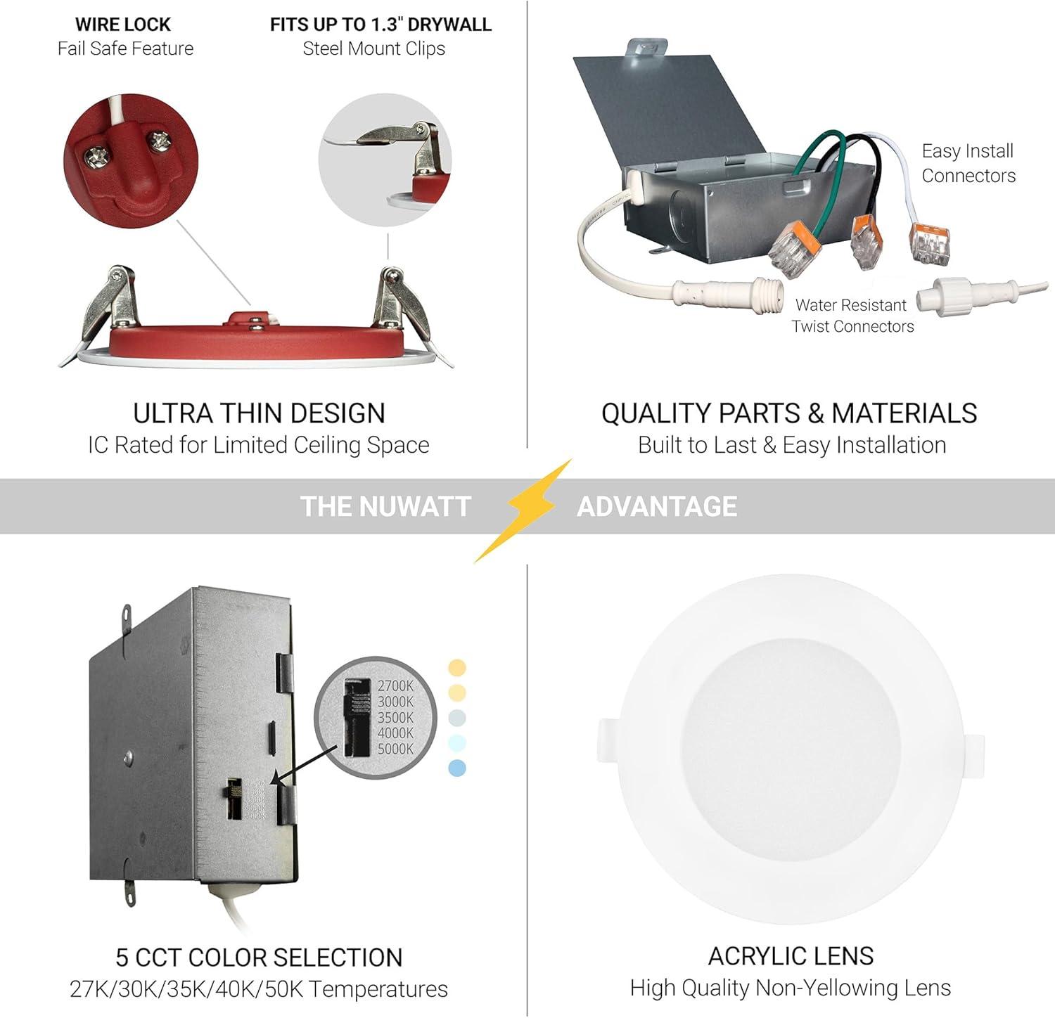 4 in. 2 HOUR Fire Rated Slim Canless LED Recessed Light 12W 5CCT 27K-50K Dimmable IC Rated 6PK