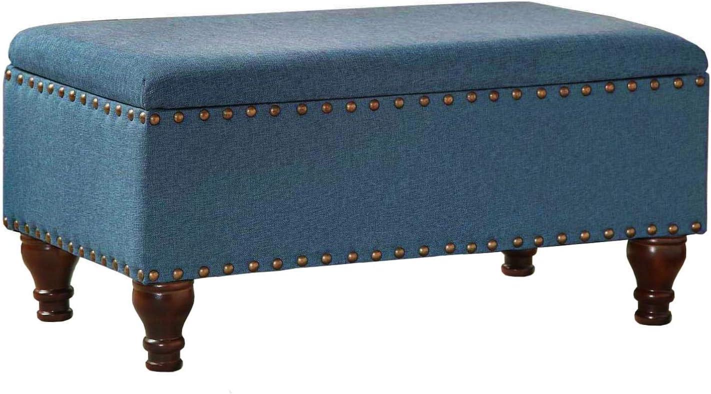 Large Blue and Brown Fabric Upholstered Storage Bench with Nail Head Trim