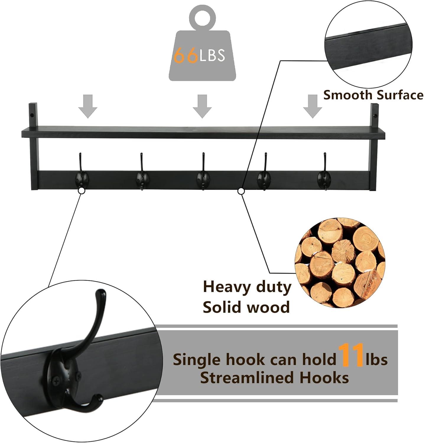 Black Wall-Mounted Coat Rack with Shelf and Hooks