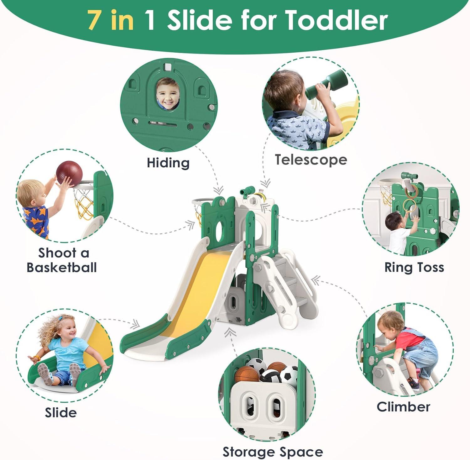 Green and Yellow L-Shaped 7-in-1 Toddler Slide with Basketball Hoop