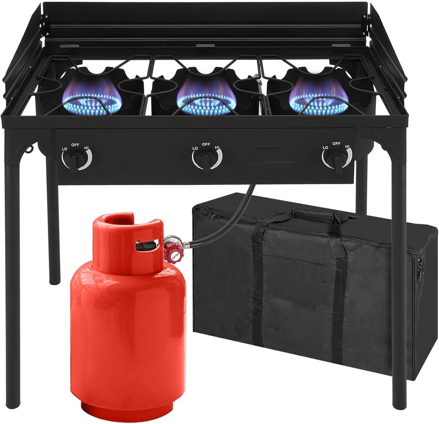 Outdoor Black Cast Iron 3-Burner Gas Stove with Windscreen