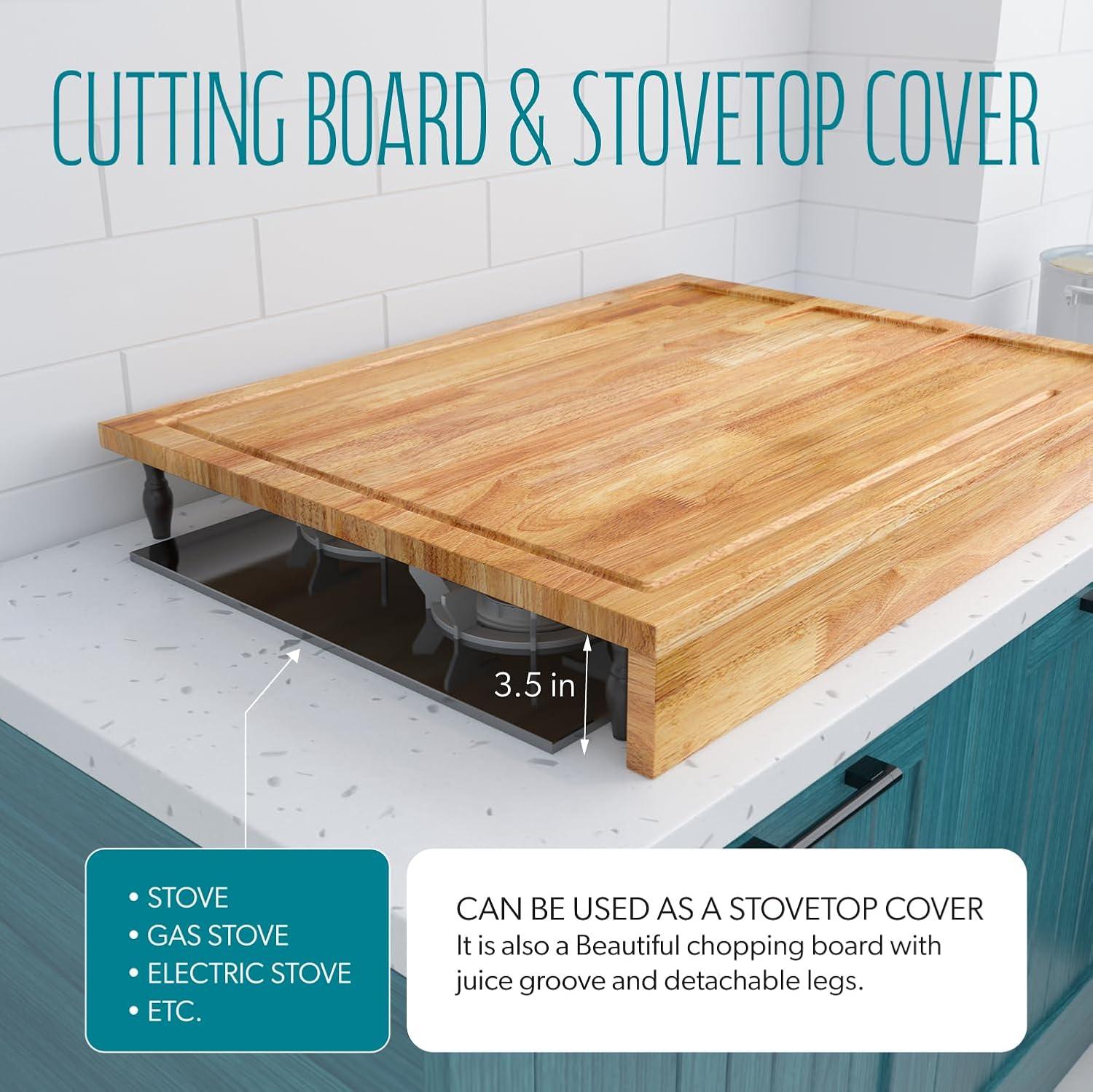 32x23.5inches Extra Large Solid Wooden Cutting Board and Stovetop Cover, 2 in 1 Stove Top Cover Chopping Board with Detachable Legs and Juice Groove, Sink Cover Board for Restaurant Kitchen Countertop