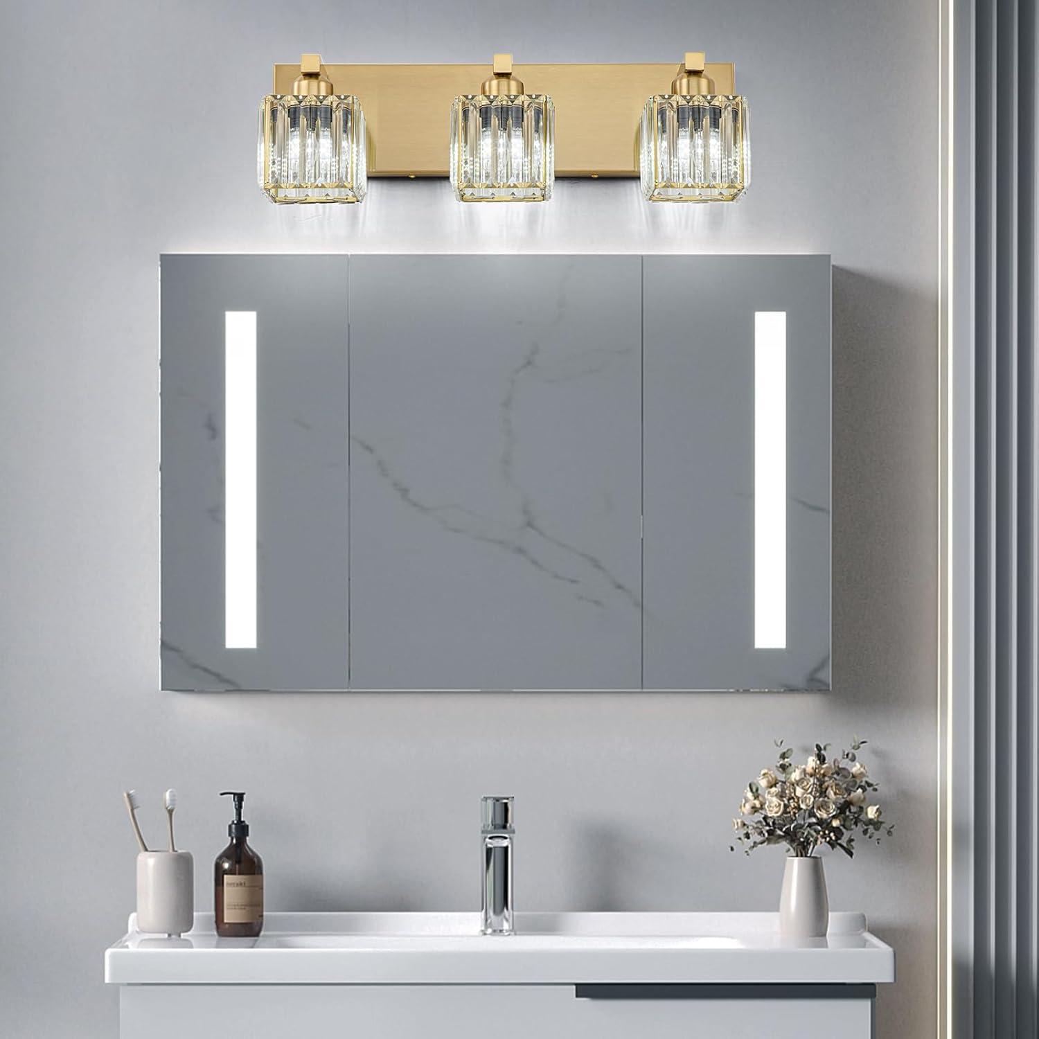 Gold Crystal 3-Light Bathroom Vanity Fixture with Square Shades