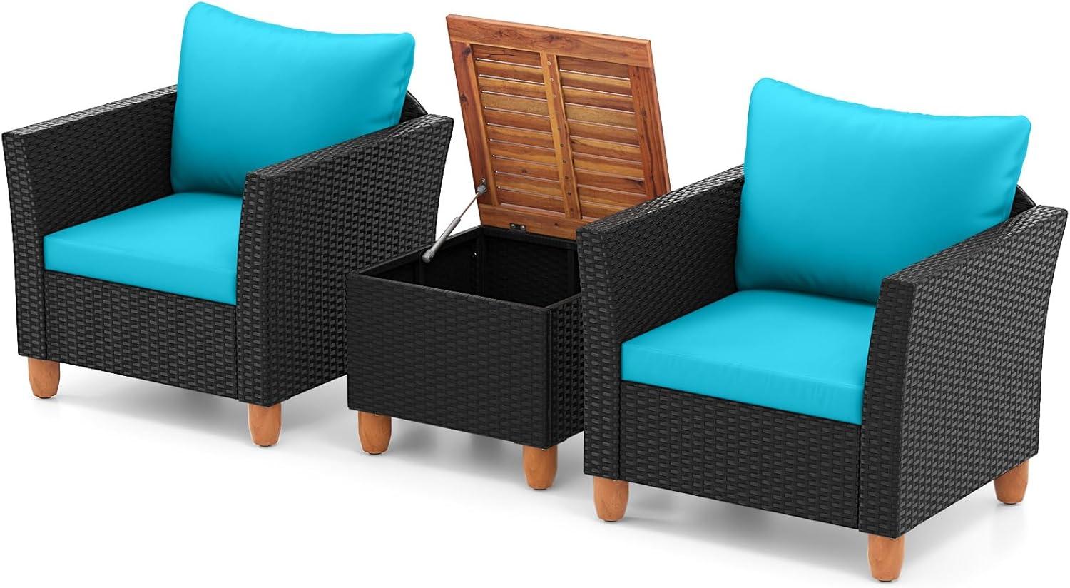 Tangkula 3PCS Patio Rattan Conversation Set Outdoor Furniture Set w/ Turquoise Cushions