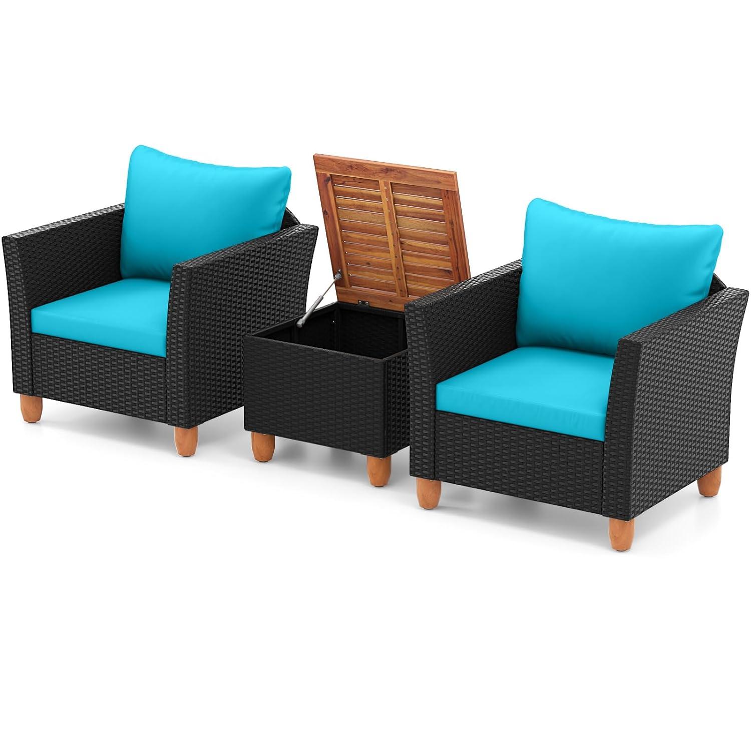Tangkula 3PCS Patio Rattan Conversation Set Outdoor Furniture Set w/ Turquoise Cushions