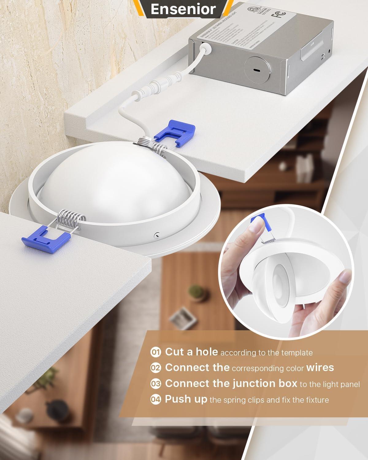 Ensenior 12 PACK 4 inch 5CCT LED Gimbal Led Recessed Light with Junction Box, 360°+90° Adjustable Directional Eyeball Lighting, Dimmable, 2700K/3000K/3500K/4000K/5000K, 950LM, 10W=85W-ETL&FCC
