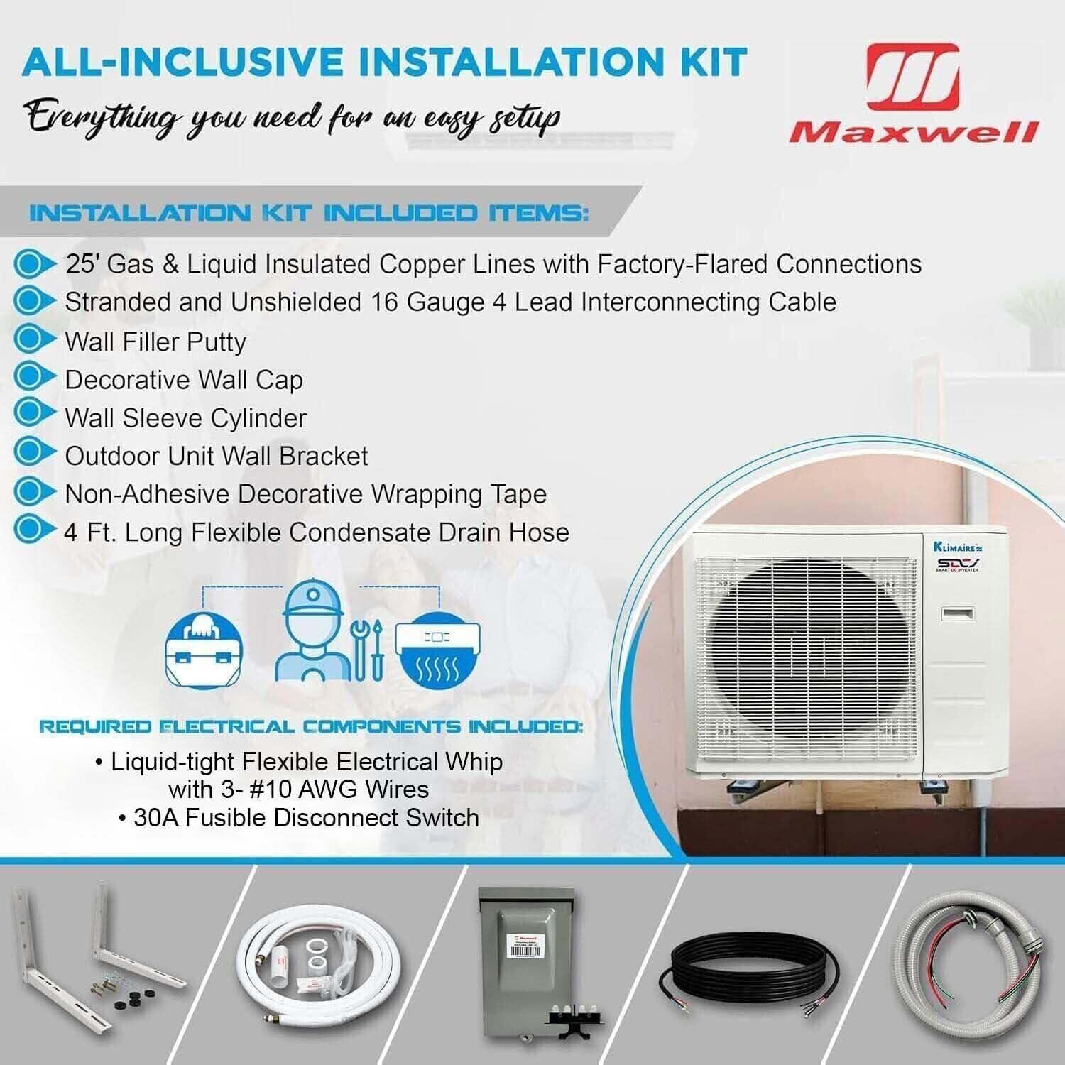 Klimaire 36,000 BTU 17.5 SEER2 Wi-Fi-Enabled Ductless Mini-Split Heat Pump Air Conditioner with Installation Kit, Up to 2,400 Sq. Ft