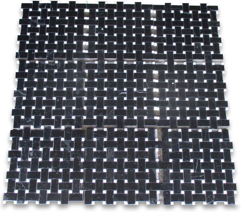 Nero Marquina Black Marble Basketweave Mosaic Tile with White Dots