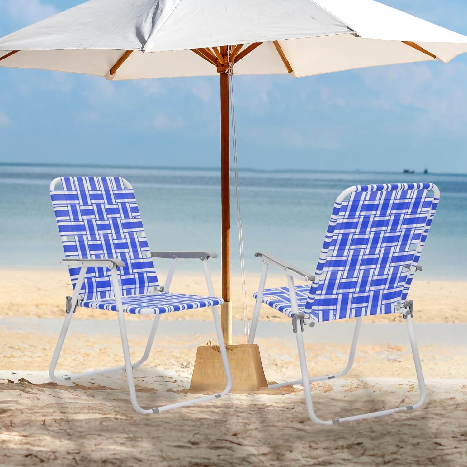 MoNiBloom Folding Webbed Beach Chairs Set of 2, Portable Camping Seats with Armrests, for Outdoor Patio Lawn, Blue