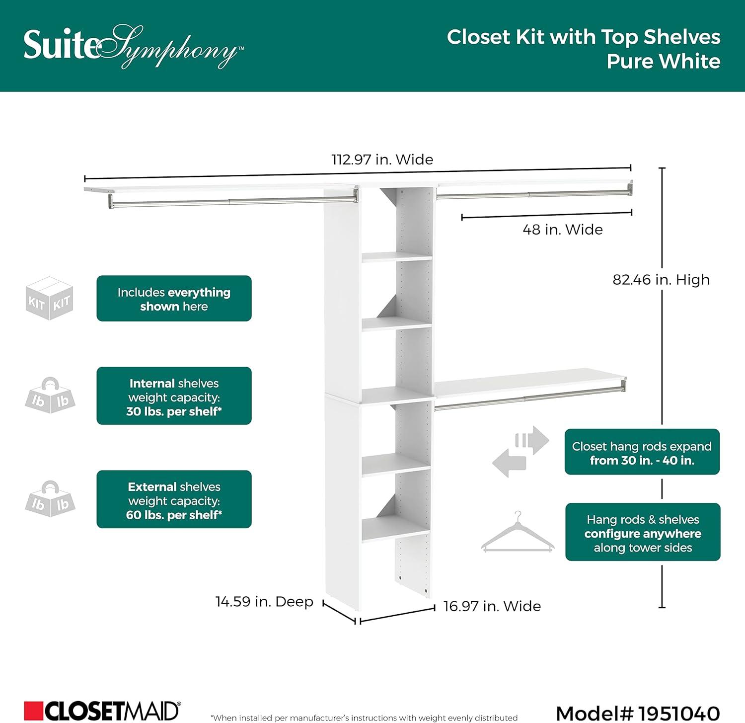 White Laminate Closet Organizer Kit with Shelves and Hanging Rods