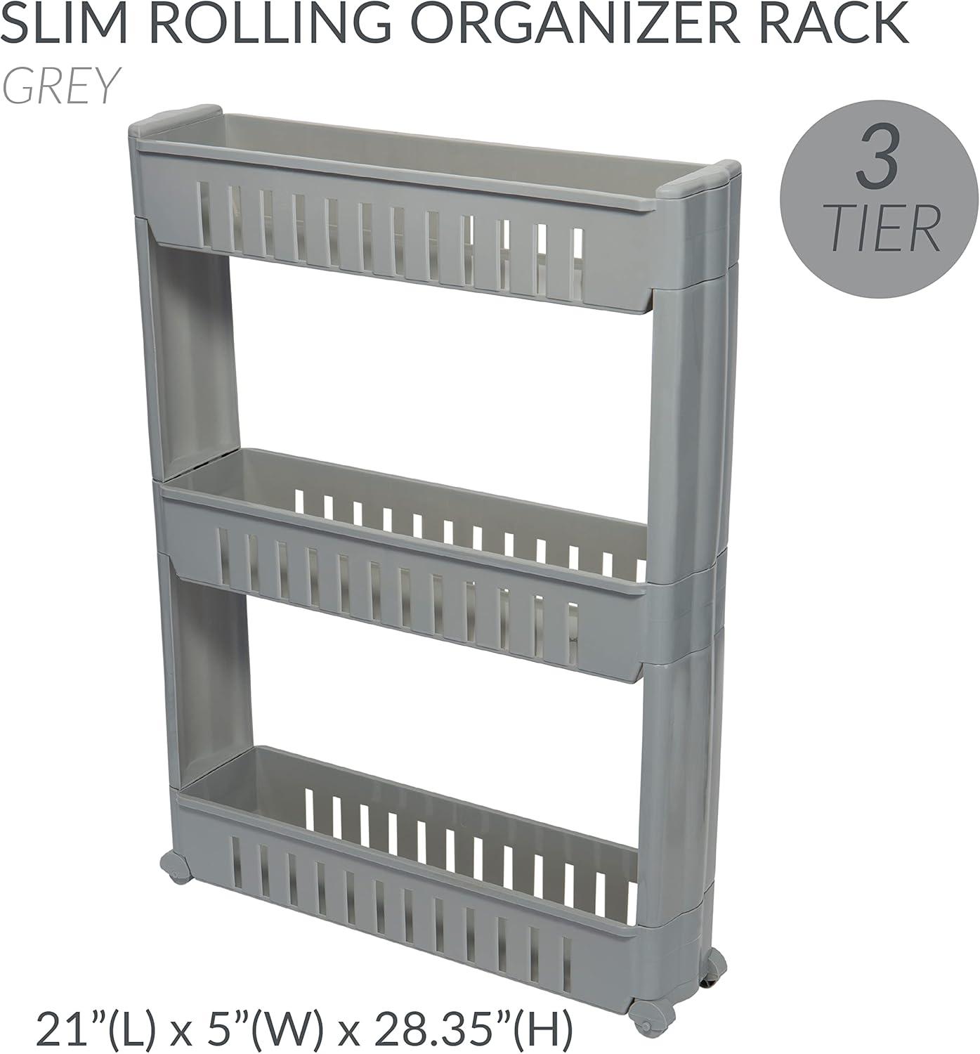 Simplify 3 Tier Slim Slide Out Plastic Storage Cart in Grey for Laundry Room or Closet