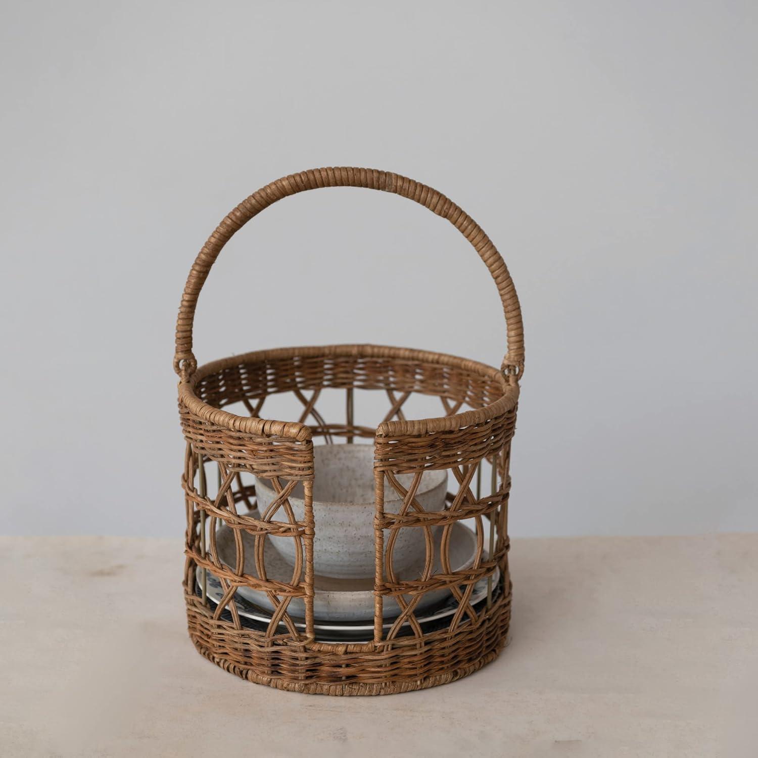 Creative Co-Op Handwoven Wicker Plate Basket with Handle, Natural