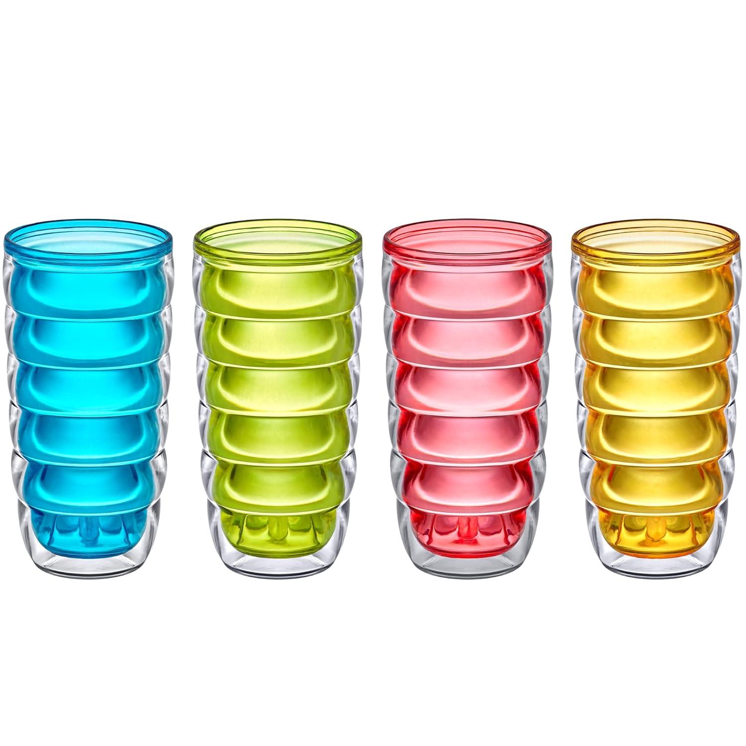 Amazing Abby - Arctic - 24-Ounce Insulated Plastic Tumblers (Set of 4), Double-Wall Plastic Drinking Glasses, Mixed-Color Reusable Plastic Cups, BPA-Free, Shatter-Proof, Dishwasher-Safe