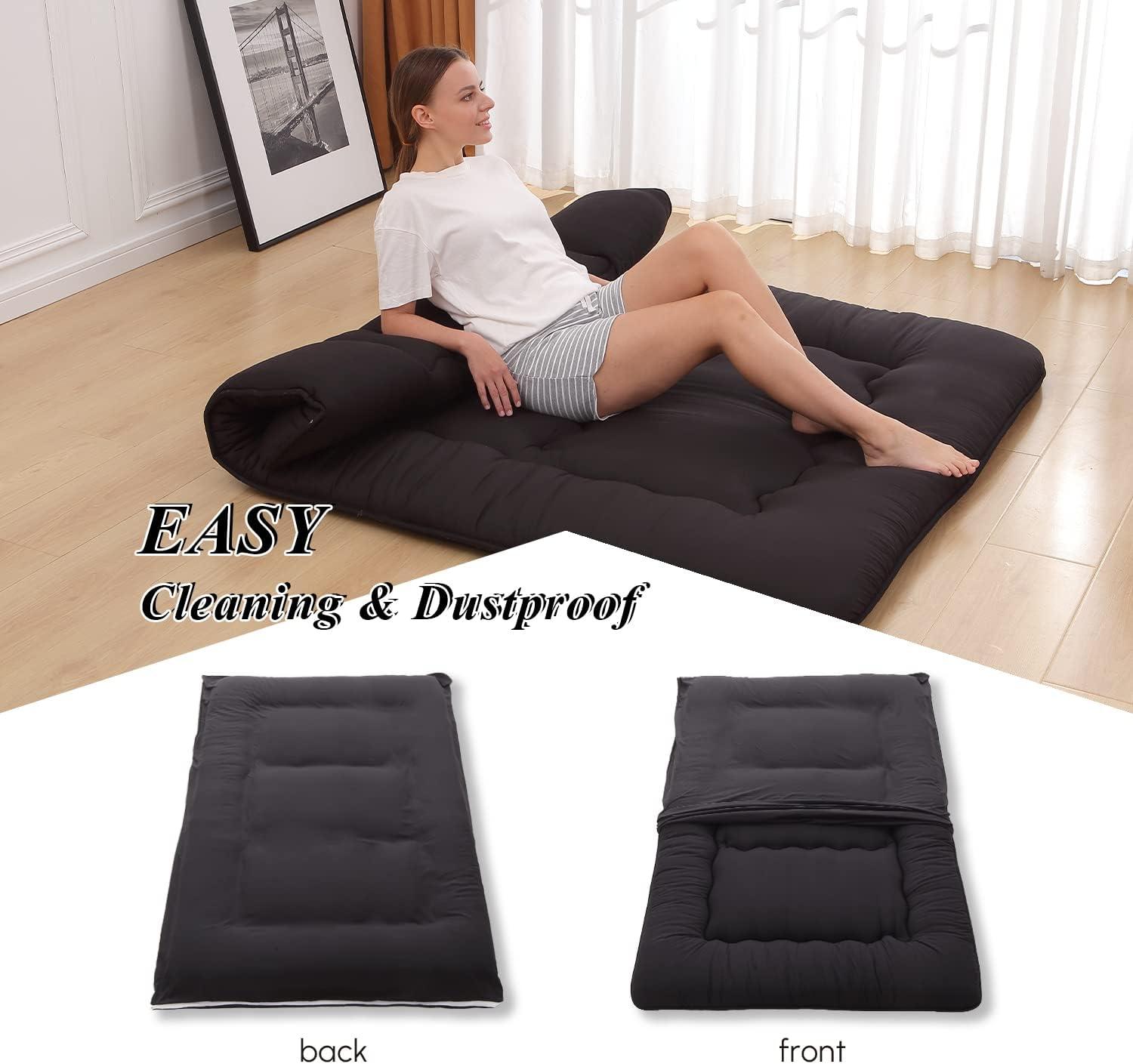 Japanese Floor Mattress, Japanese Futon Mattress Tatami Mat with Washable Cover, Easy to Store and Portable for Camping,(Black, Full)