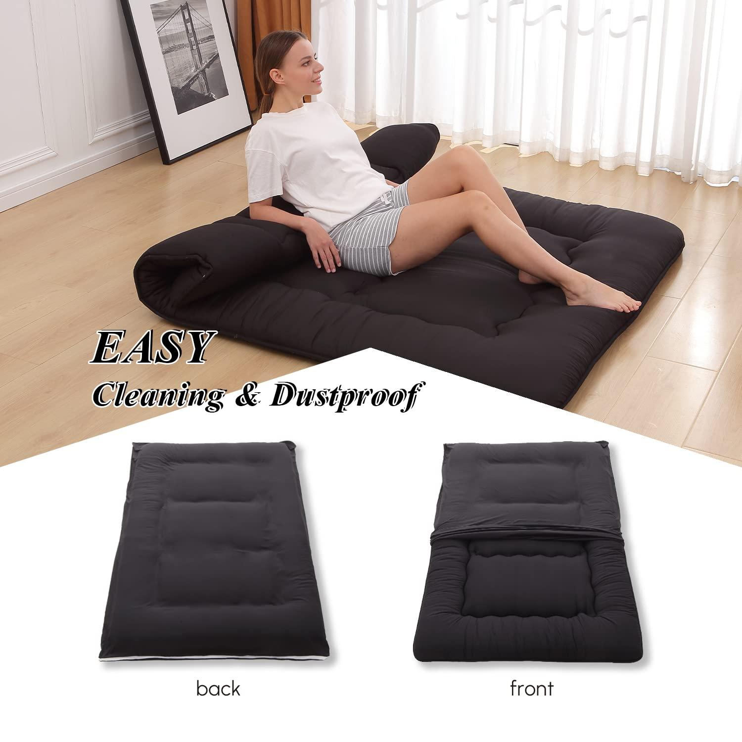 Japanese Floor Mattress, Japanese Futon Mattress Tatami Mat with Washable Cover, Easy to Store and Portable for Camping,(Black, Full)