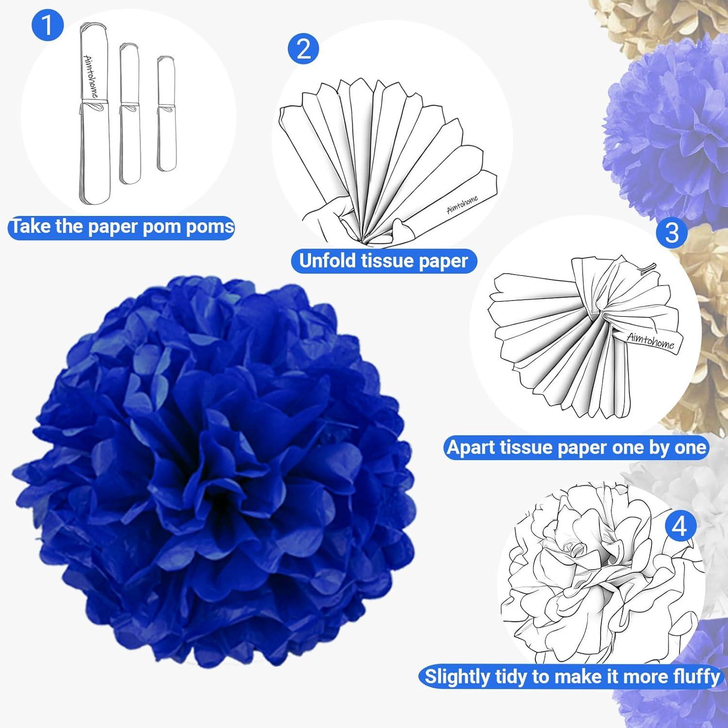 AIM & GGKK Paper Pom Poms Gold Gradient Navy Blue and White Tissue Hanging Paper Pom Poms,Flower Ball Wedding Birthday Party Decoration(12pcs)