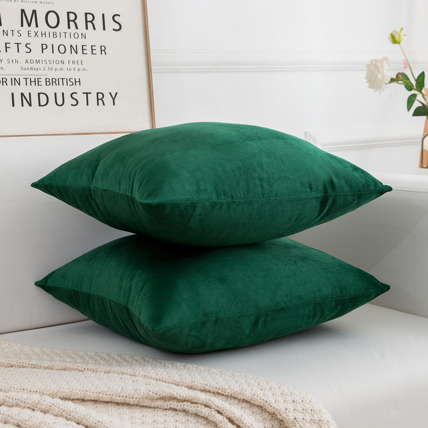 Phantoscope Soft Silky Velvet Series Square Decorative Throw Pillow Cusion for Couch, 20" x 20", Dark Green, 2 Pack