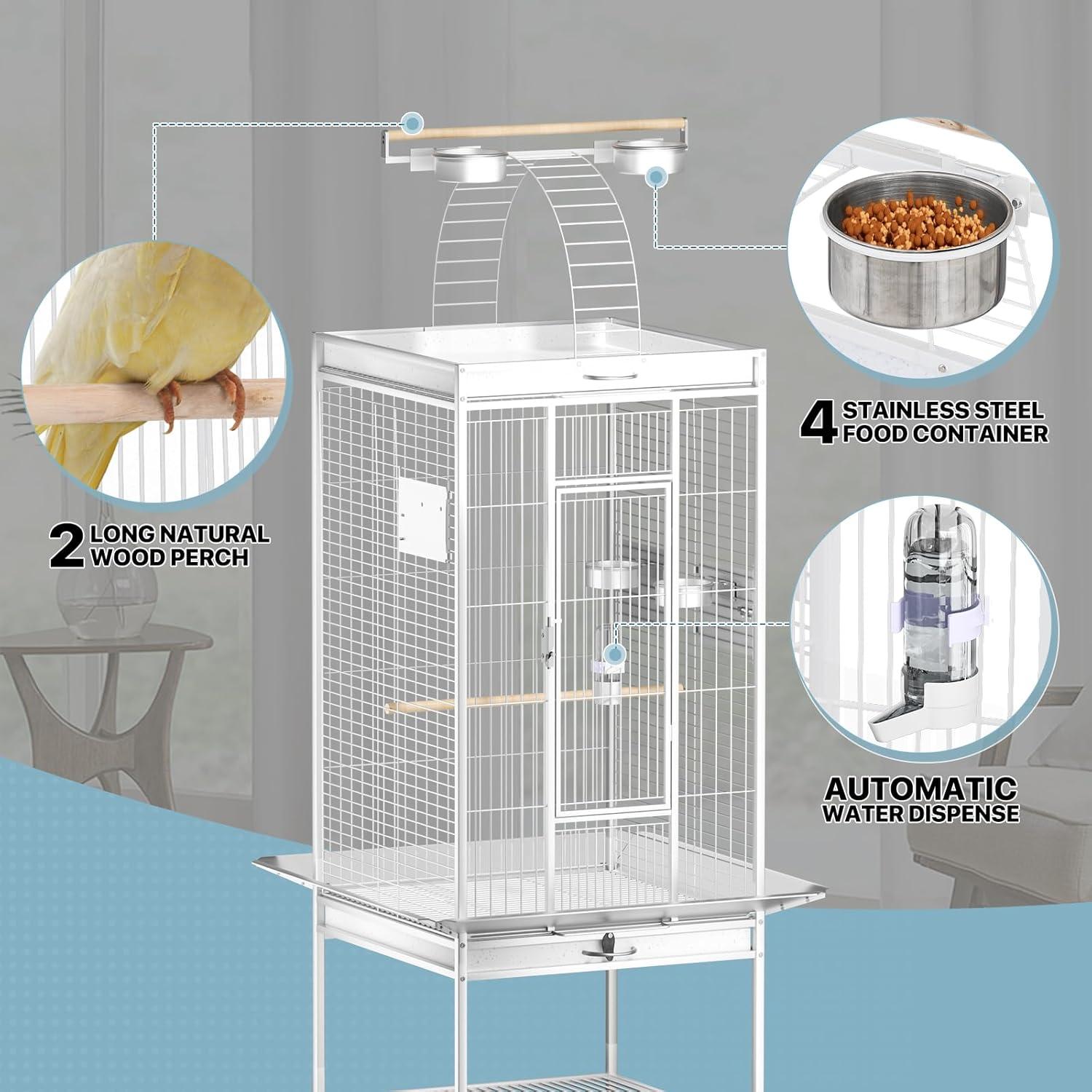 MoNiBloom 61" Large Rolling Bird Cage with 2 Perches and 4 Doors, heavy-duty wrought iron Bird Cage for Cockatiel, Sun Conure, Parakeet, Finch, Budgie, Lovebird and Canary Birds, White