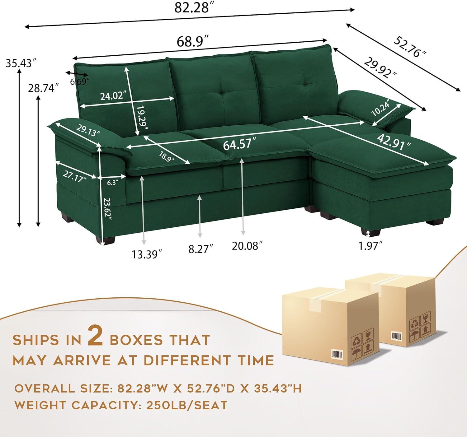 82" Convertible Sectional Sofa, L-Shaped Comfy Cloud Couch with Reversible Chaise and Padded Armrests, Modern Polyester 3 Seat Sofa Couches for Living Room (Green)