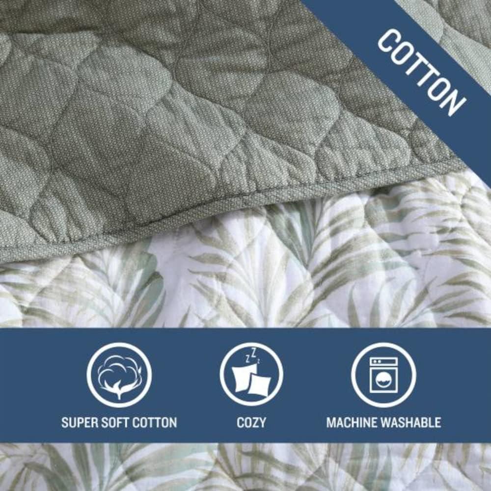 Sage Palm Leaf Reversible Cotton Quilt Set - Twin White