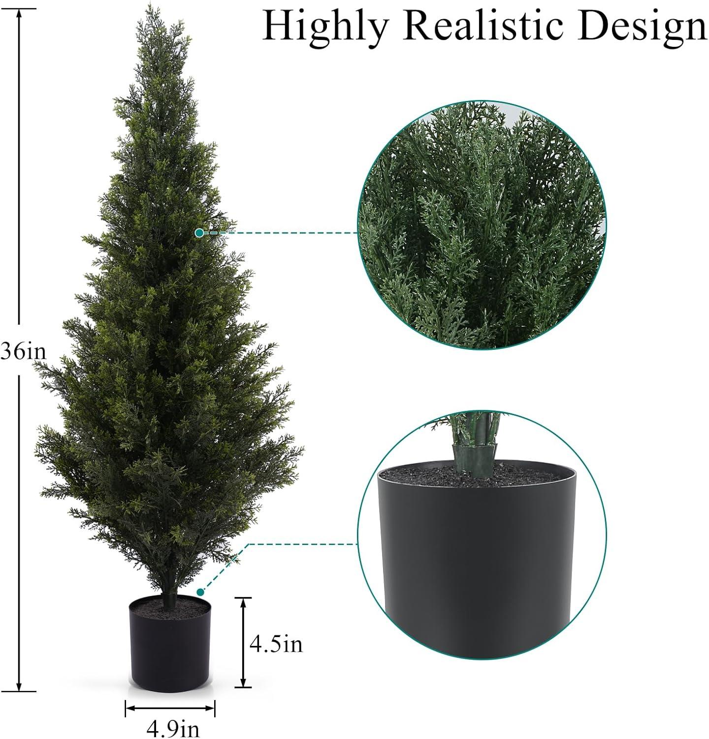 Artificial Cedar Tree 2 Pack 4 ft Outdoor Artificial Topiary Cedar Plants Fake Tree UV Rated Potted Tree for Perfect Housewarming Gift, Set of 2