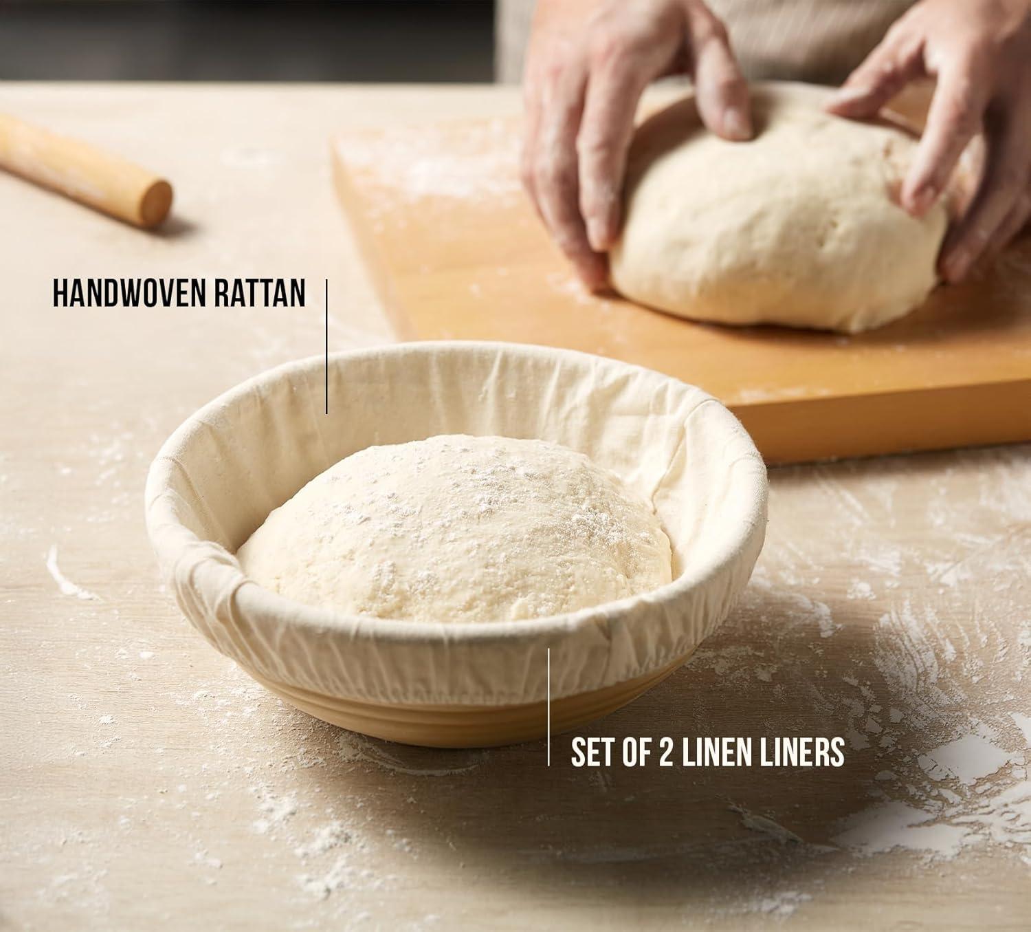 kook Kook 2-Piece 9-Inch Banneton Bread Proofing Basket Set with Linen Liners (Set of 2)