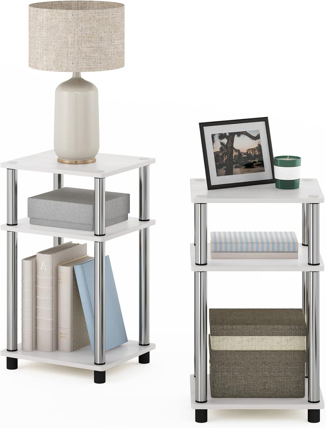 Furinno Just 3-Tier Turn-N-Tube End Table, 2-Pack, White Oak/Chrome