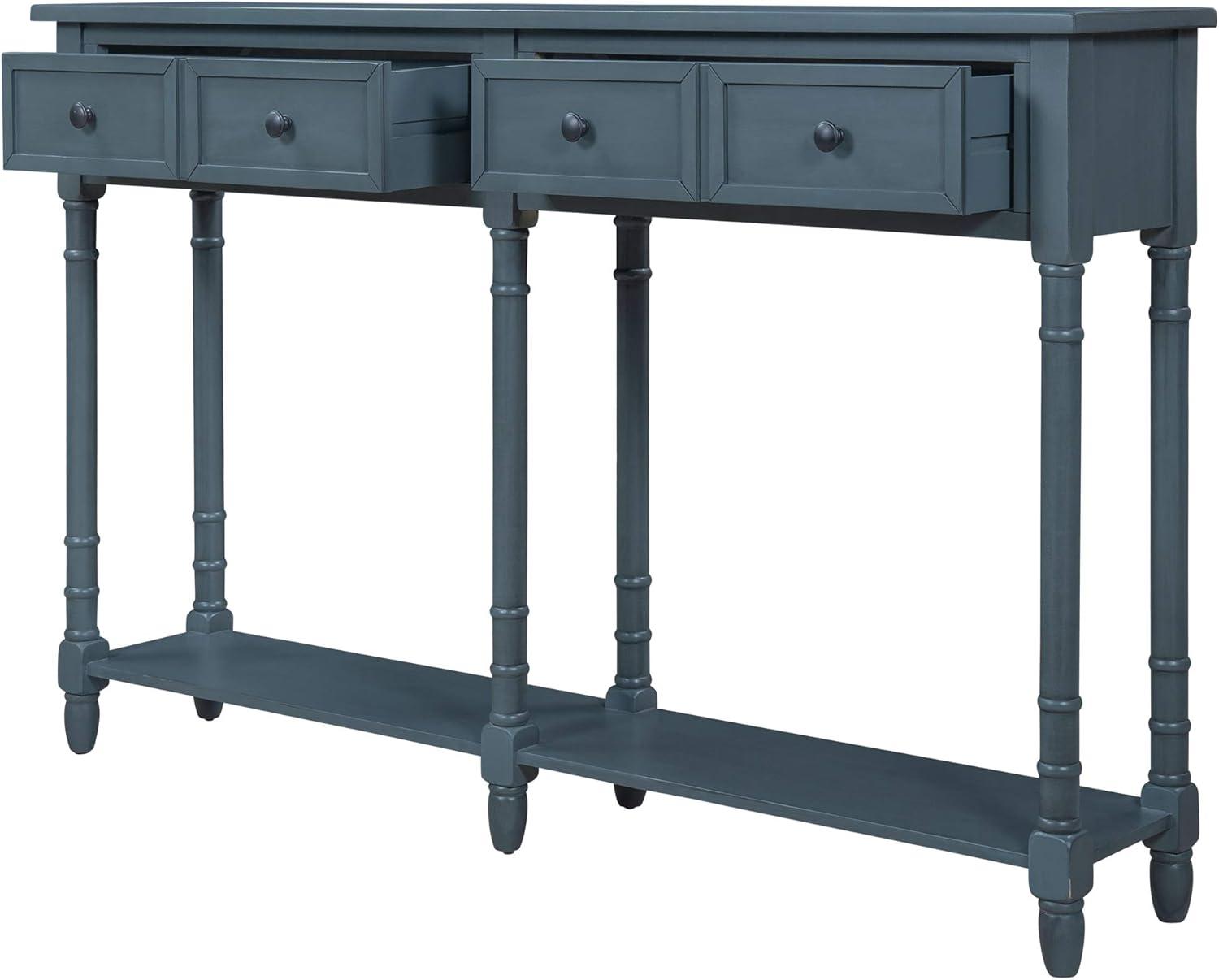 58" Console Table with Two Drawers and Bottom Shelf, Farmhouse Long Sofa Table with Solid Wood Legs, Storage Cabinet Sideboard Table for Entryway Living Room Hallway, Easy Assembly, Antique Navy