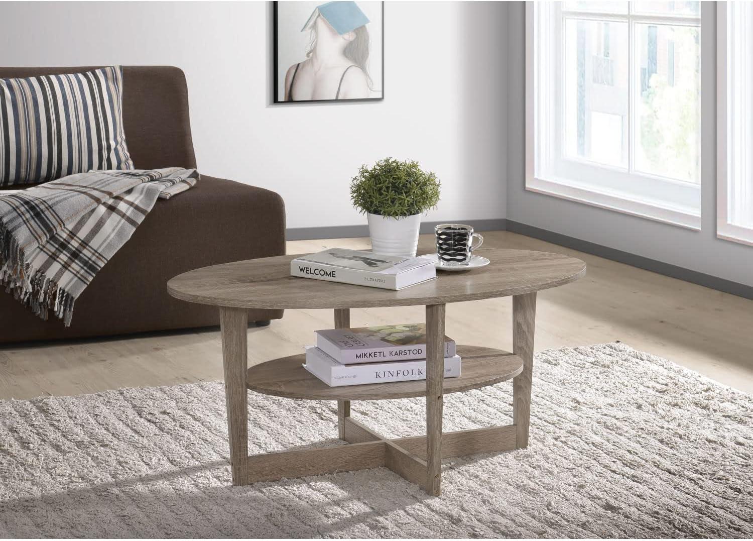 Beige Oval Wood Transitional Coffee Table with Storage Shelf