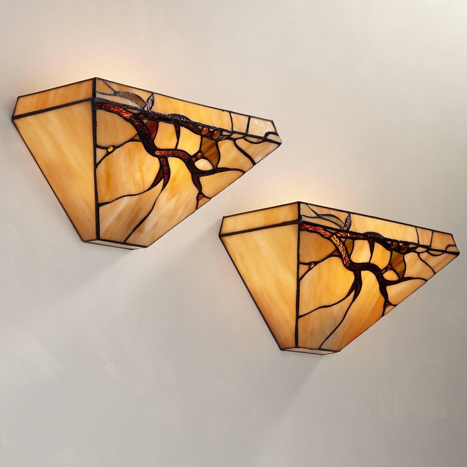 Robert Louis Tiffany Budding Branch Vintage Wall Light Sconces Set of 2 Copper Amber Art Glass Hardwire 14" Fixture for Bedroom Bathroom Vanity House