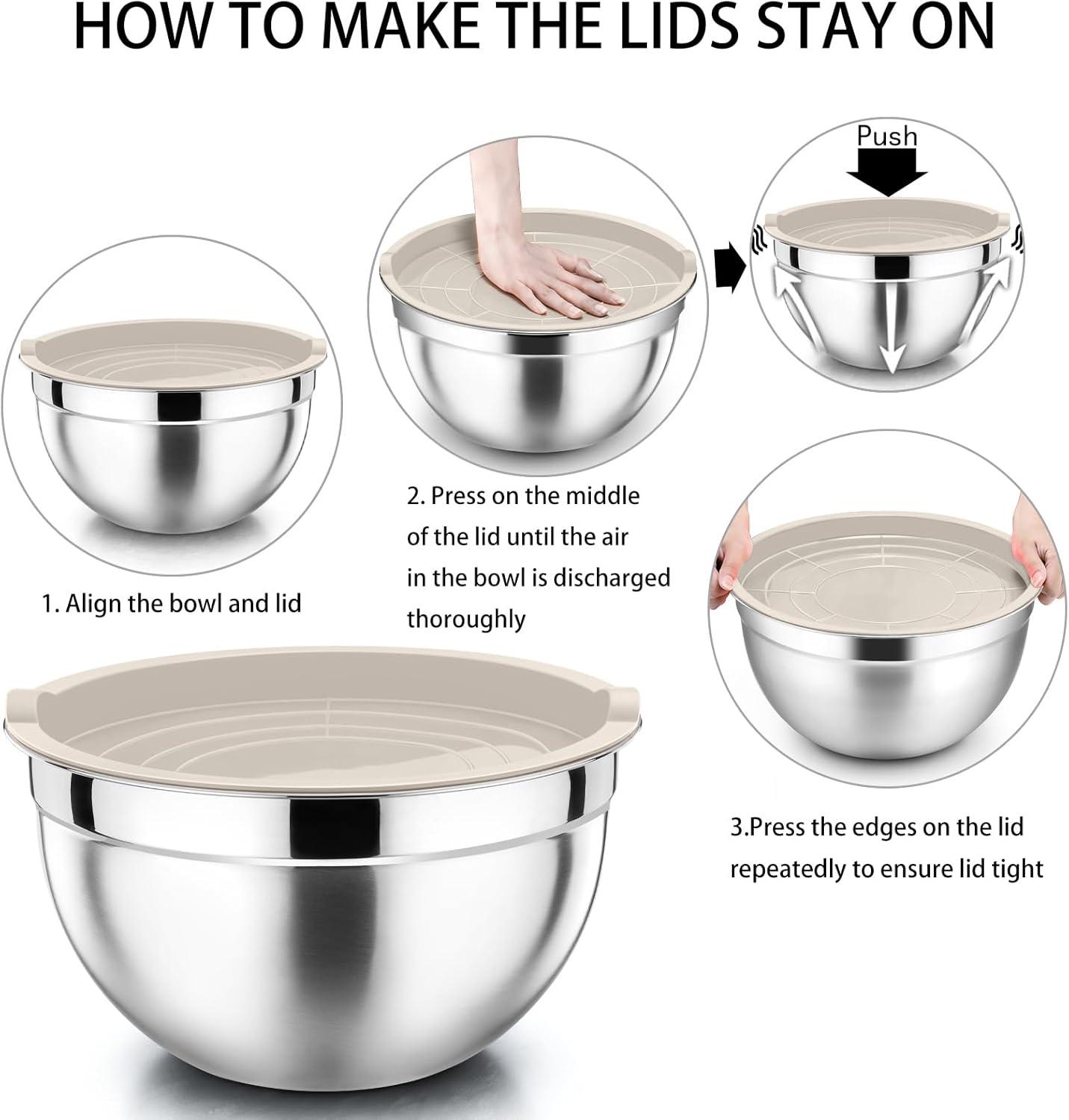 Toledo Bath & Kitchen Stainless Steel Mixing Bowls With Lids, 5-Pack Metal Nesting Bowls With Airtight Covers For Cooking, Baking, Serving, Storage, Non-Toxic & Dishwasher Safe, Size 4.6/3/1.5/1/0.7QT - Khaki