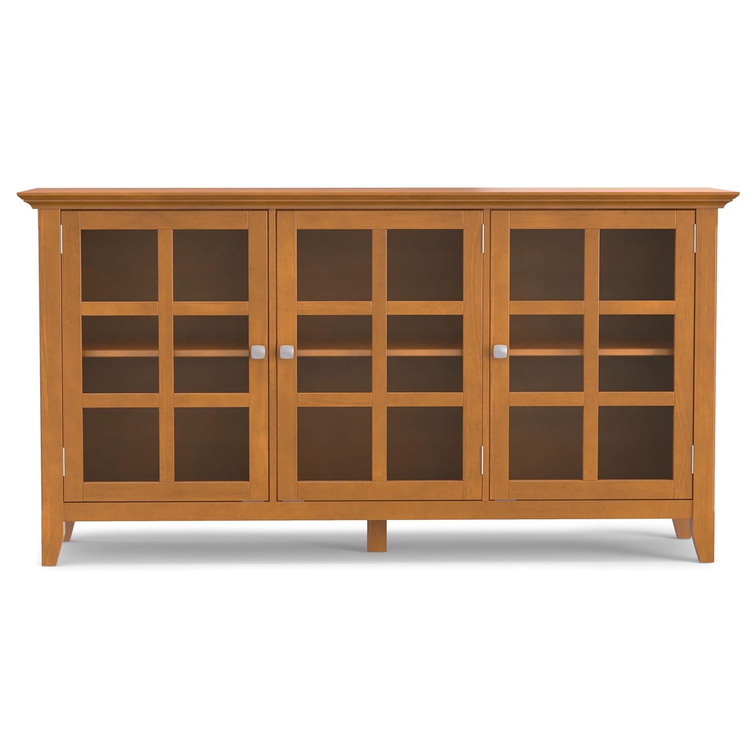 Simpli Home Acadian 62"W Solid Wood 3-Shelf Storage Cabinet with Tempered Glass Doors and Adjustable Shelves