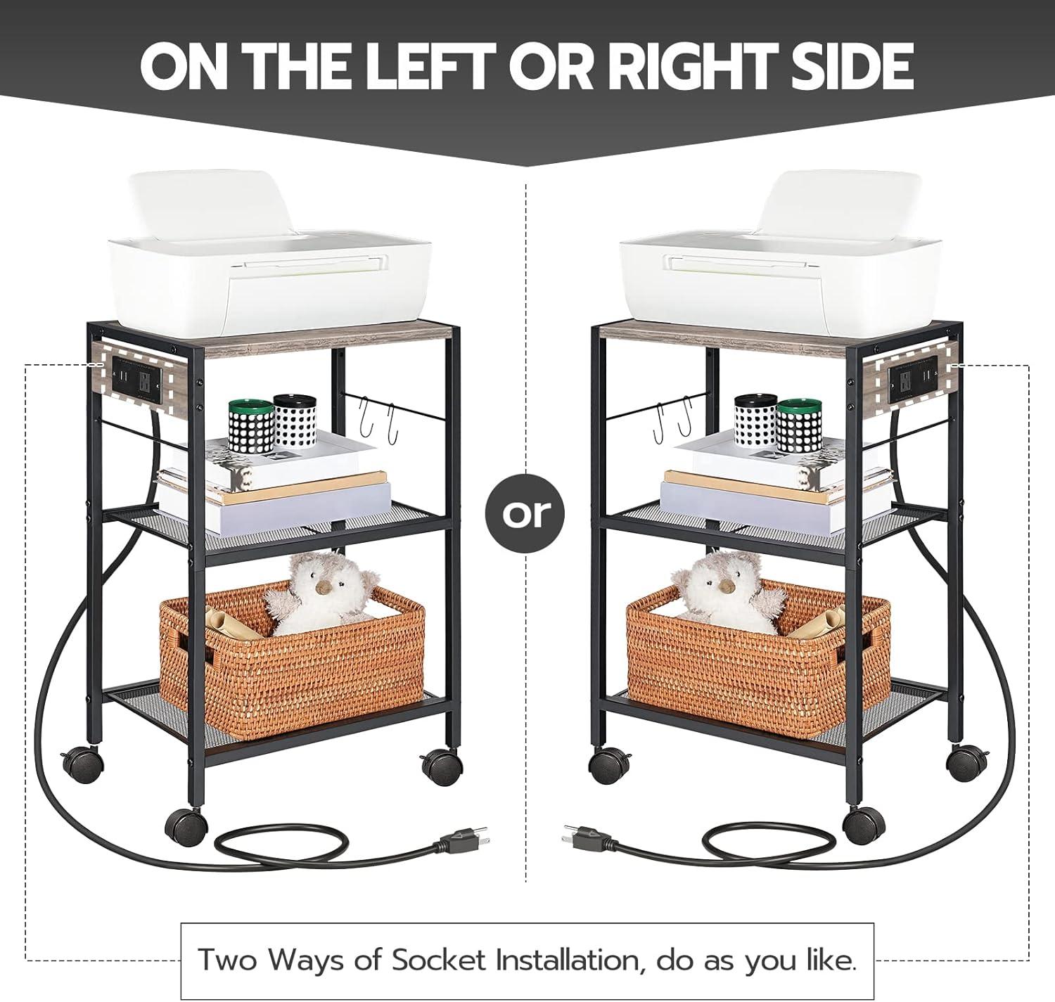 Greige and Black 3-Tier Industrial Mobile Printer Stand with Power Outlets