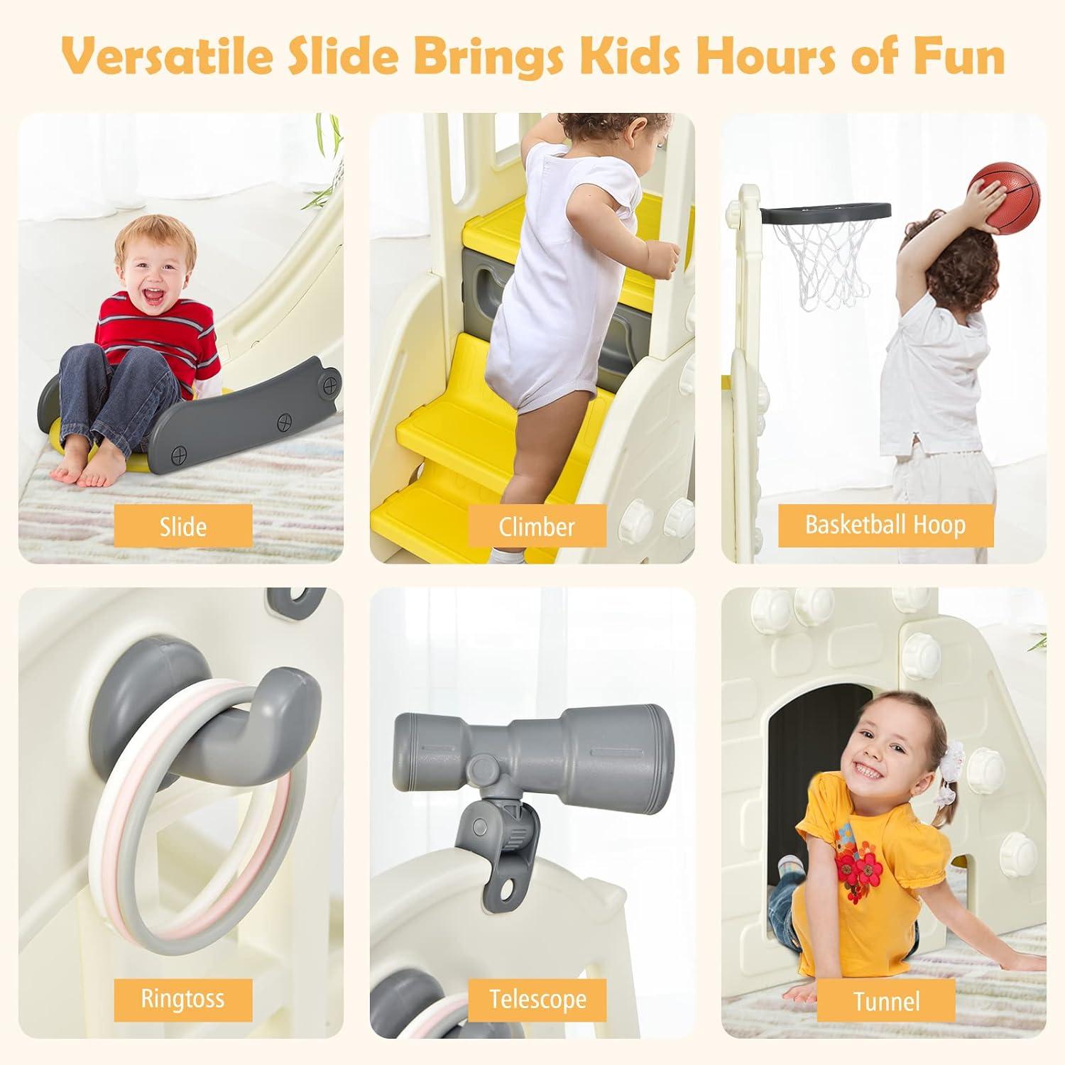 Costway 6-In-1 Large Slide for Kids Toddler Climber Slide Playset w/ Basketball Hoop Yellow