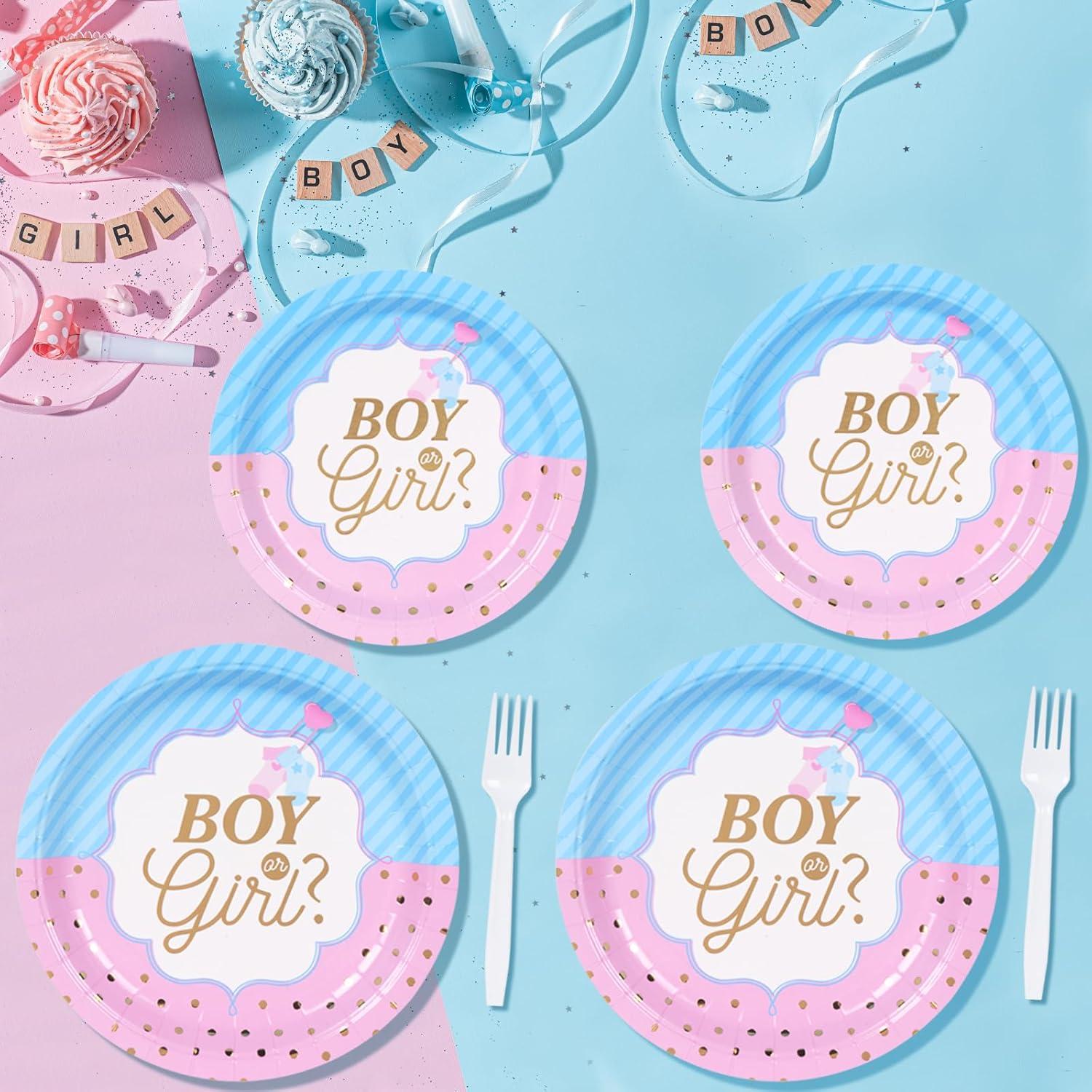 DECORLIFE Gender Reveal AJH3 Plates Serves 24, Boy or Girl Gender Reveal Party Supplies Includes Napkins and Forks for Baby Shower Reveal Party Decorations, Total 96PCS
