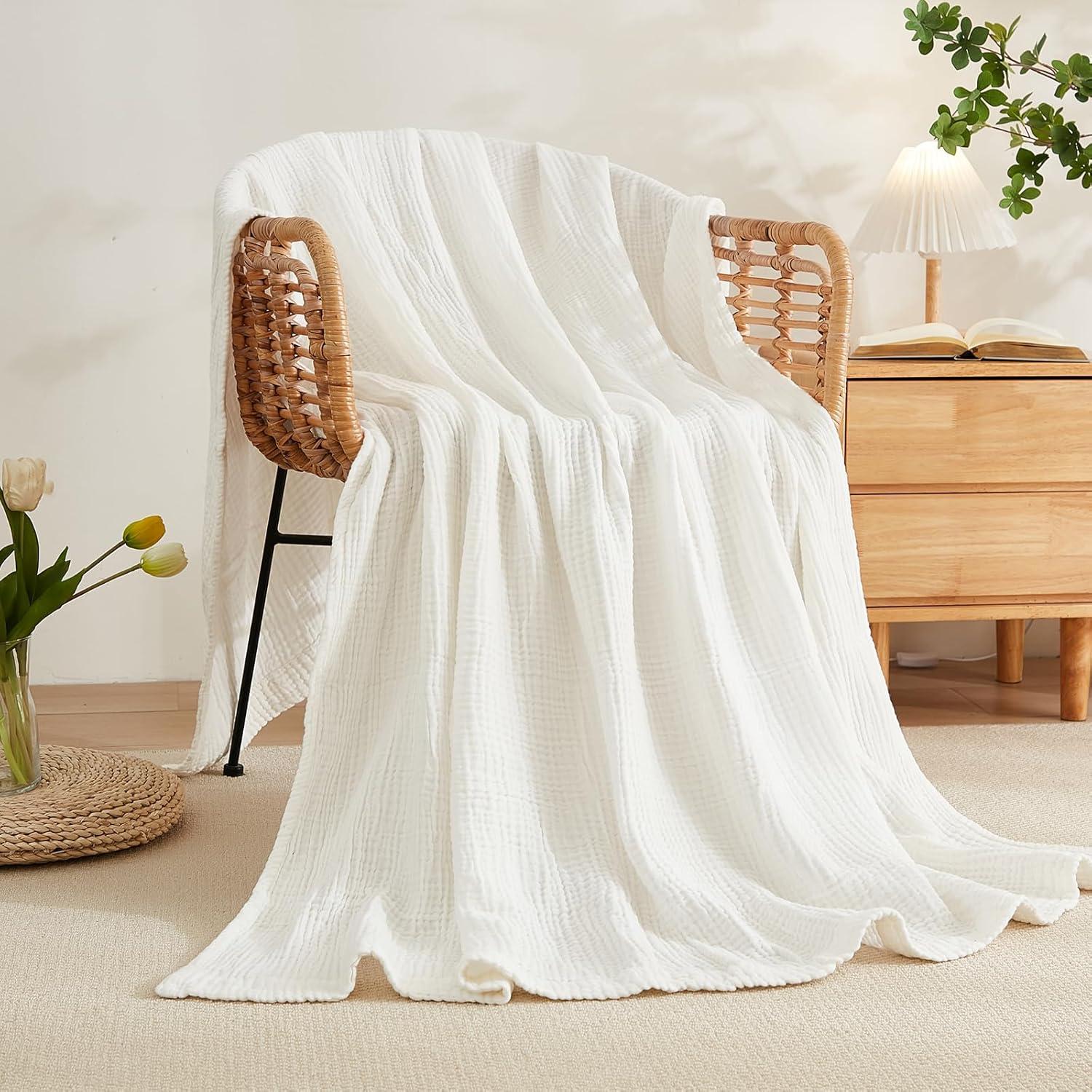 White Cotton Muslin Lightweight Throw Blanket 50" x 70"