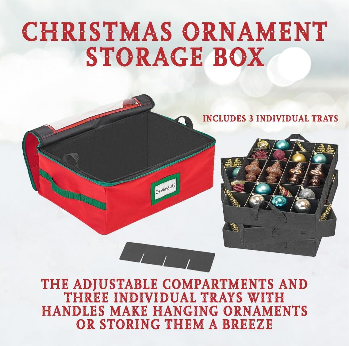 HOLDN’ STORAGE Christmas Ornament Storage Box with Dividers - Fits 72-3” Ornaments, 3 Removable Trays, Durable & Space-Saving, Clear Top Lid, Convenient Storage Designed, Red