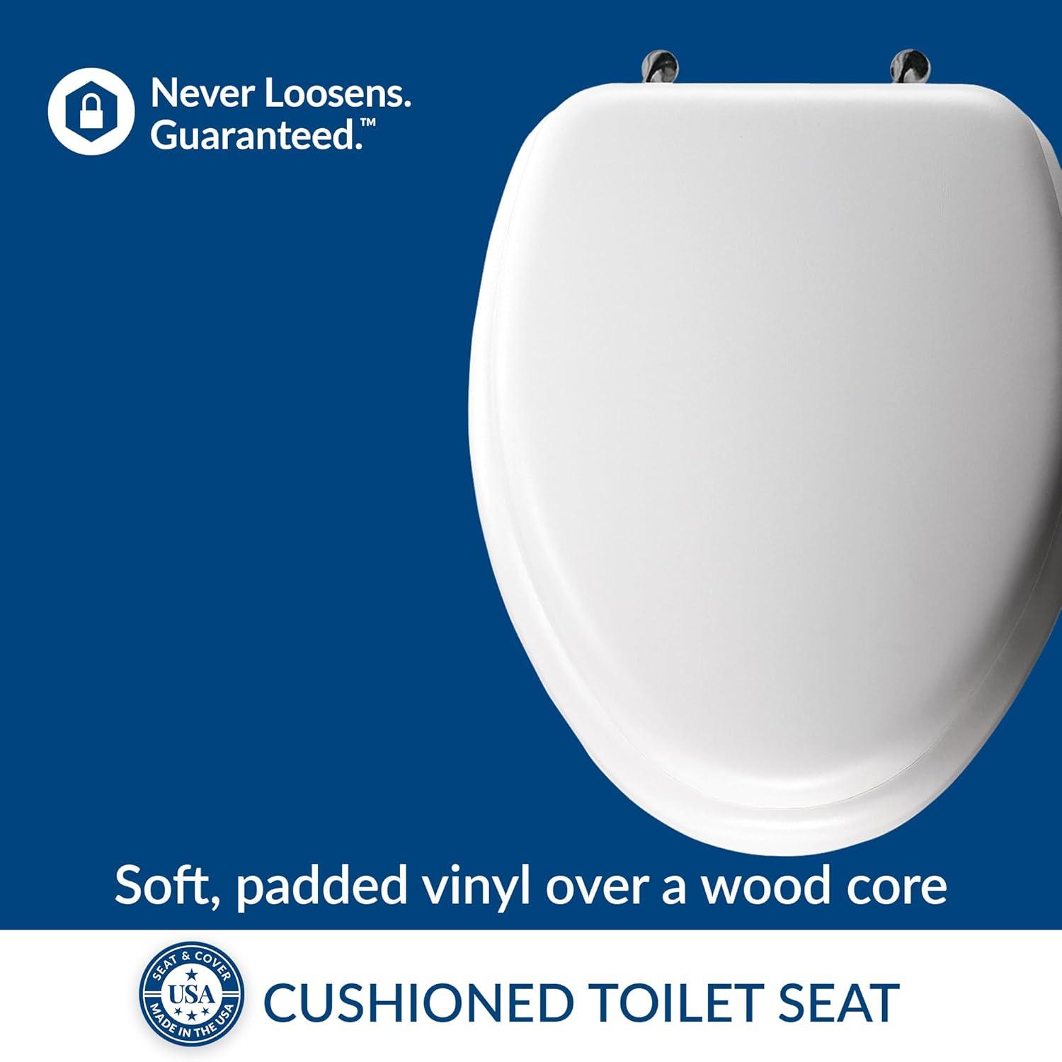 Mayfair 1815CP Padded Toilet Seat with Chrome Hinges that will Never Loosen, ELONGATED, White