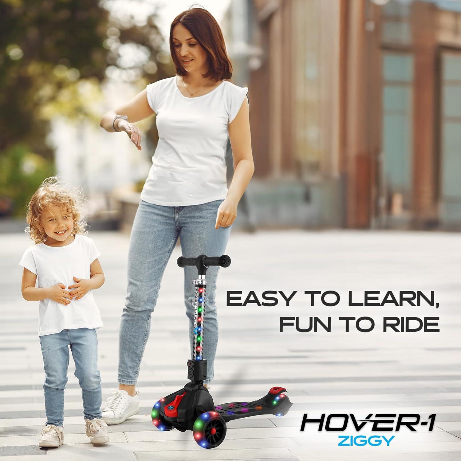 Hover-1 KidsGear Ziggy Folding Kick Scooter, Black, LED Lights, Safe For Kids, 3 Wheels