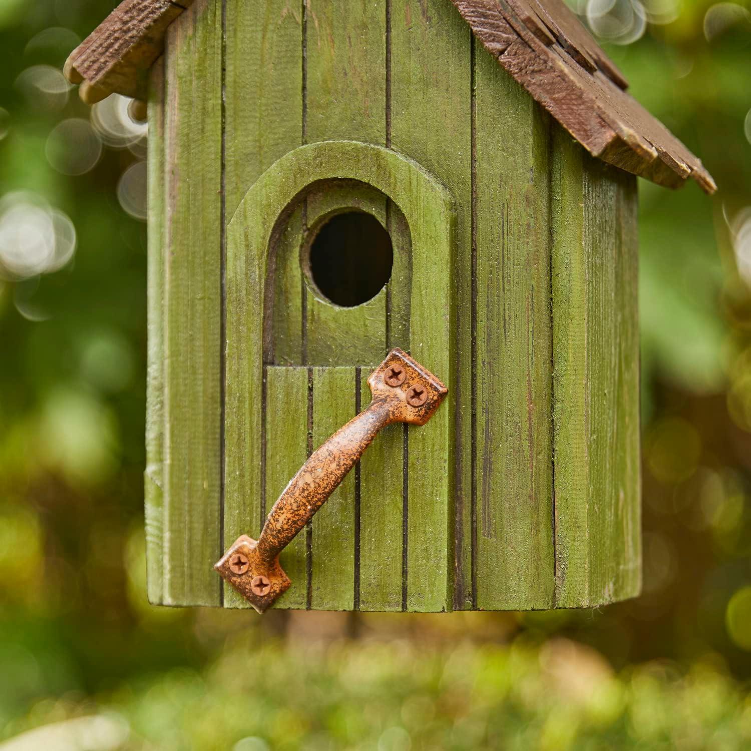 Green Hand Painted Wood Birdhouse with Distressed Details