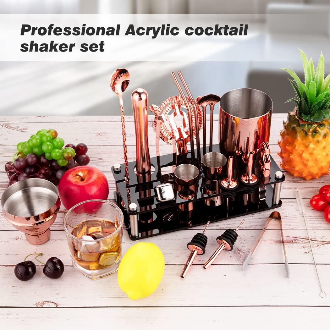 23 Piece Cocktail Shaker Set Bartender Kit with Acrylic Stand & Cocktail Recipes Booklet, Professional Bar Tools for Drink Mixing, Home, Bar, Party (Include 4 Whiskey Stones) - Gold Rose