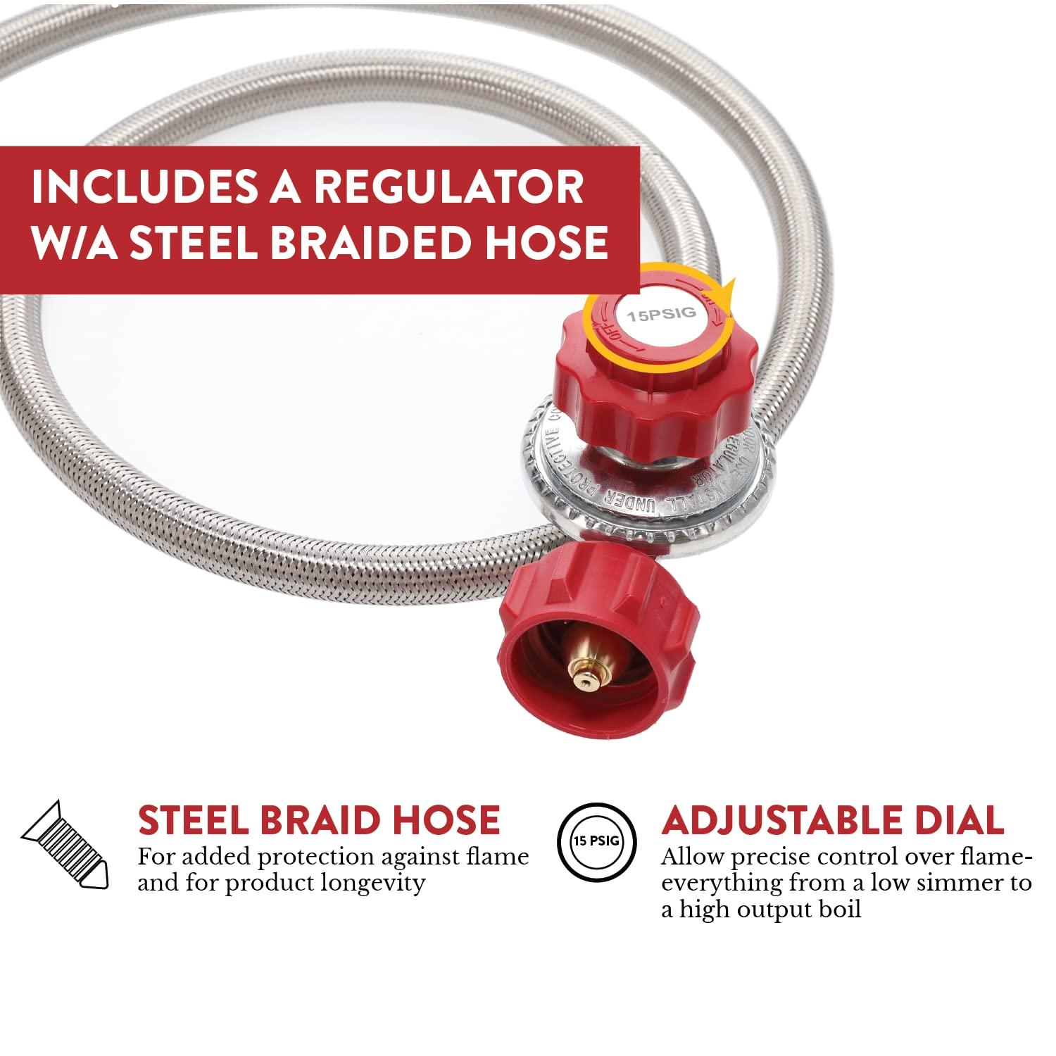 GasOne Propane Single Burner Camp Stove & Red QCC Braided Stainless Steel Regulator with Height