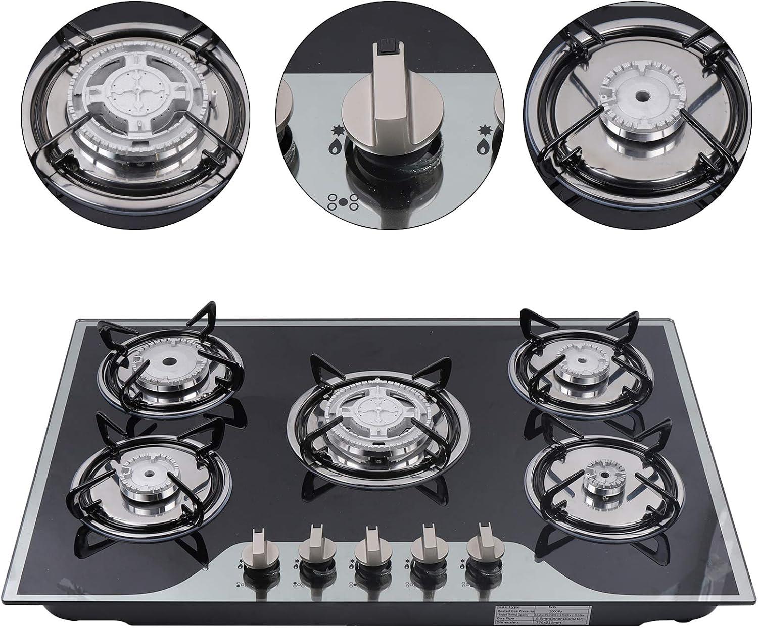 30"  Gas Stove Cooktop, 5 Burners Built-in Tempered Glass LPG/NG Stove with Flameout Protection for Kitchen Black