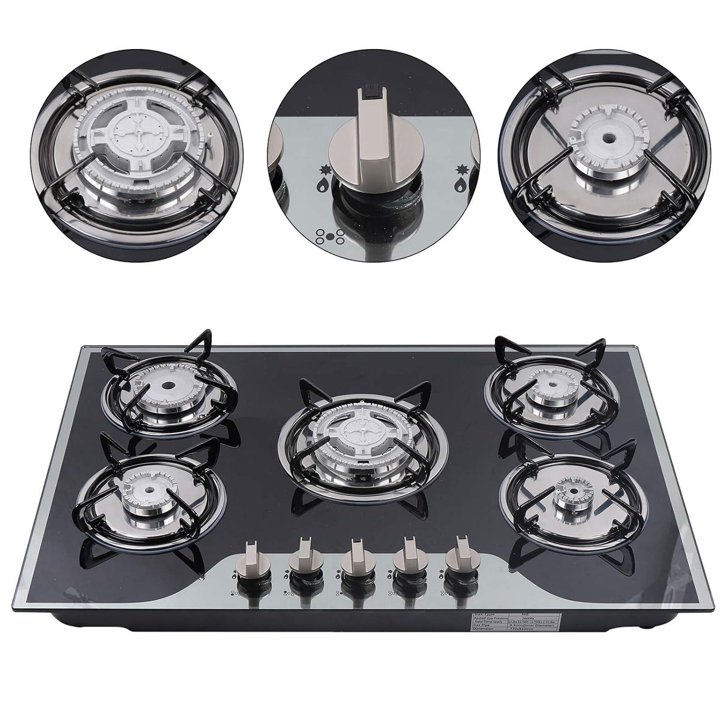 30"  Gas Stove Cooktop, 5 Burners Built-in Tempered Glass LPG/NG Stove with Flameout Protection for Kitchen Black