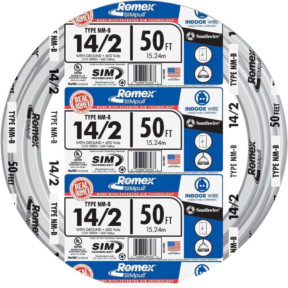 Southwire 28827422 50' 14/2 with ground Romex brand SIMpull residential indoor electrical wire type NM-B White
