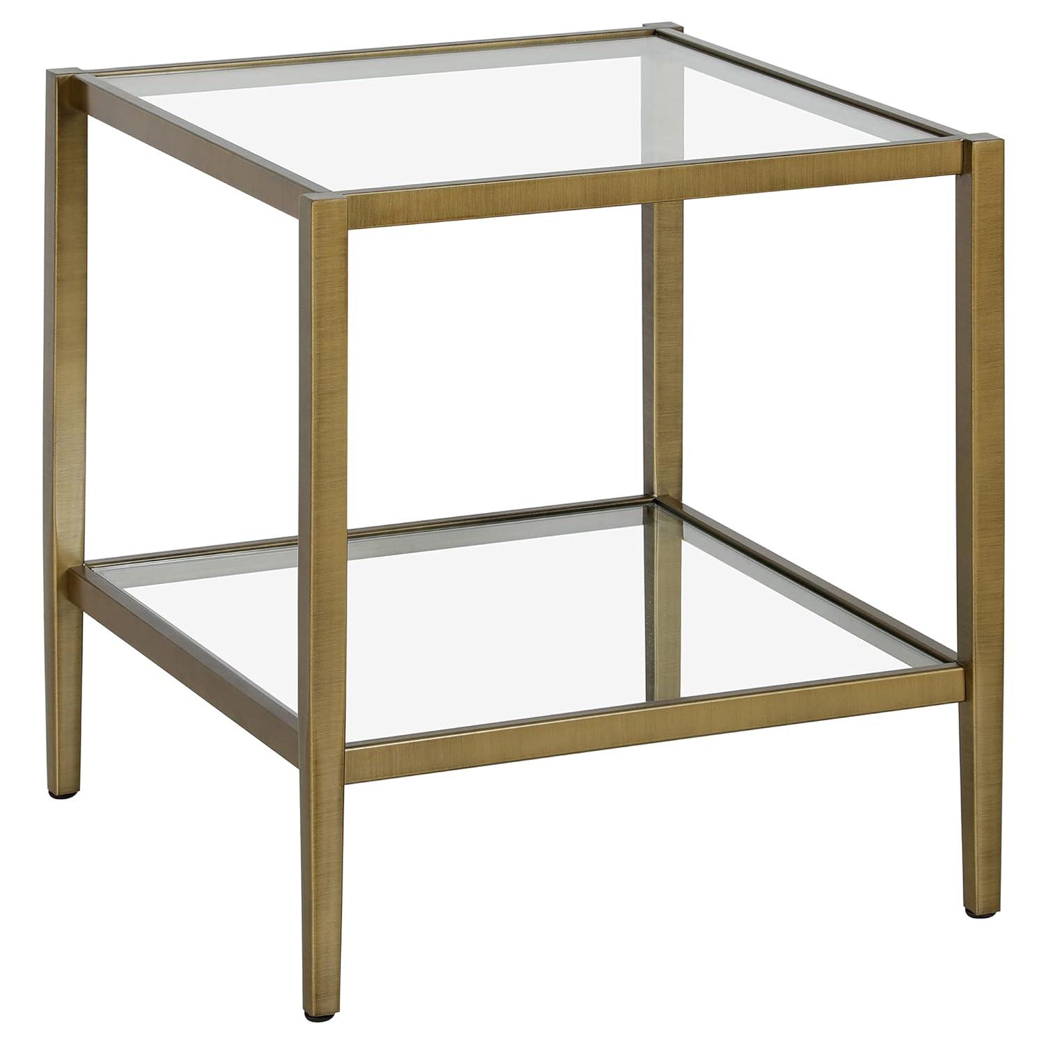 Evelyn&Zoe Hera 20" Wide Square Side Table with Glass Shelf, Antique Brass