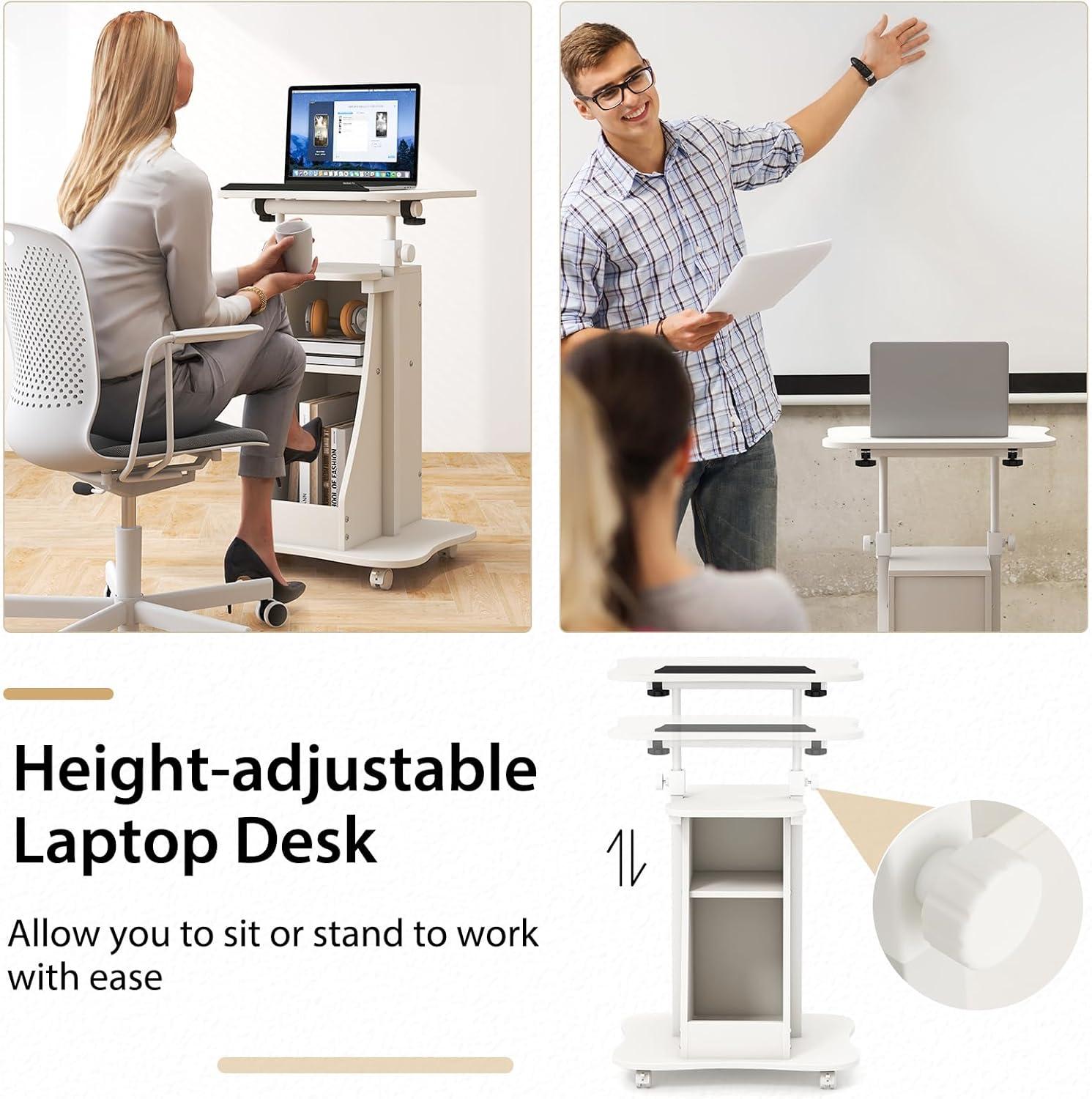 Costway Mobile Podium Stand Height Adjustable Laptop Cart with Storage Compartments Rolling Lectern with Lockable Casters for Classroom Office White