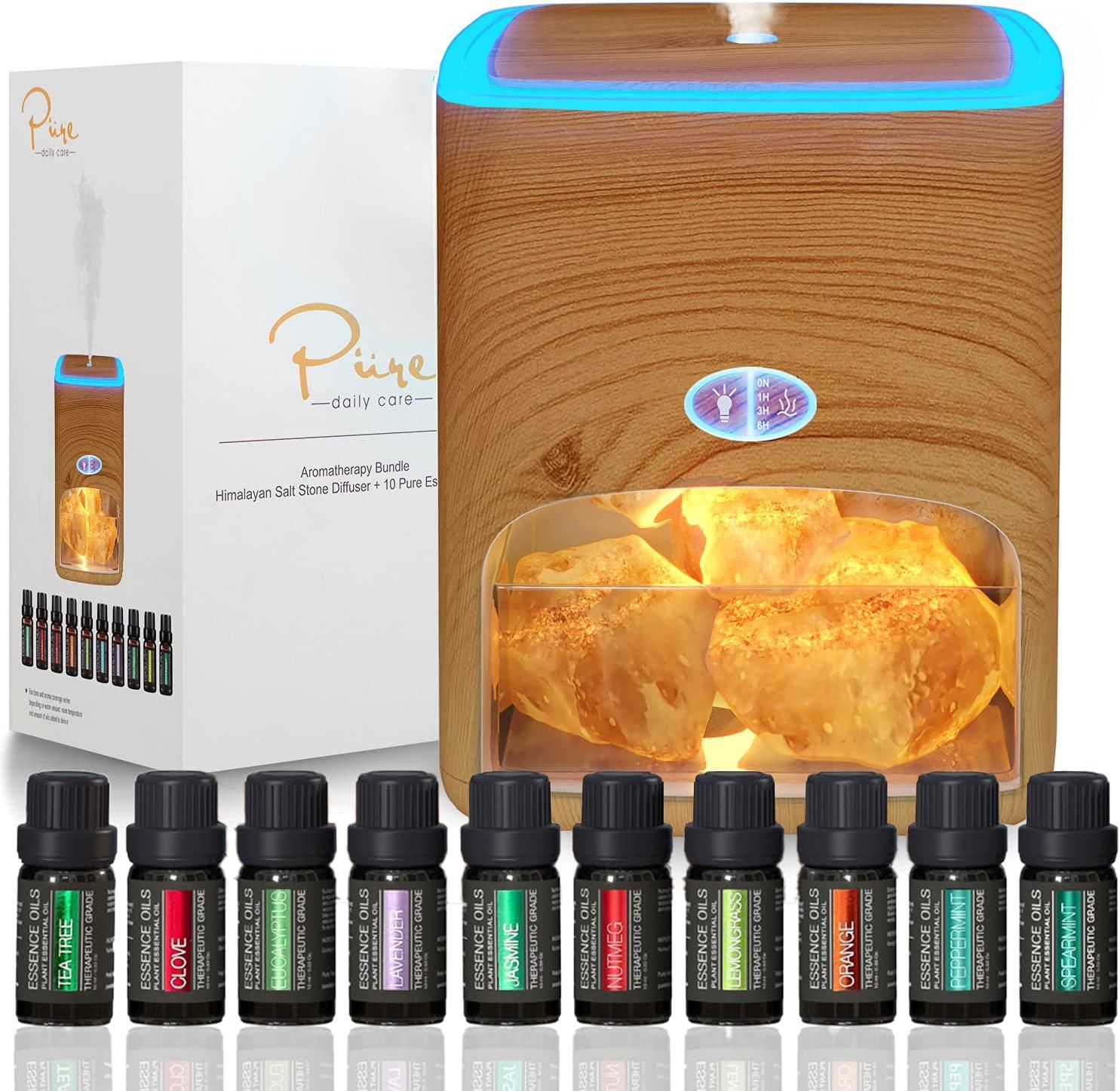 Pure Daily Care Himalayan Aromatherapy Pink Salt Diffuser & 10 Essential Oils (Light Wood)