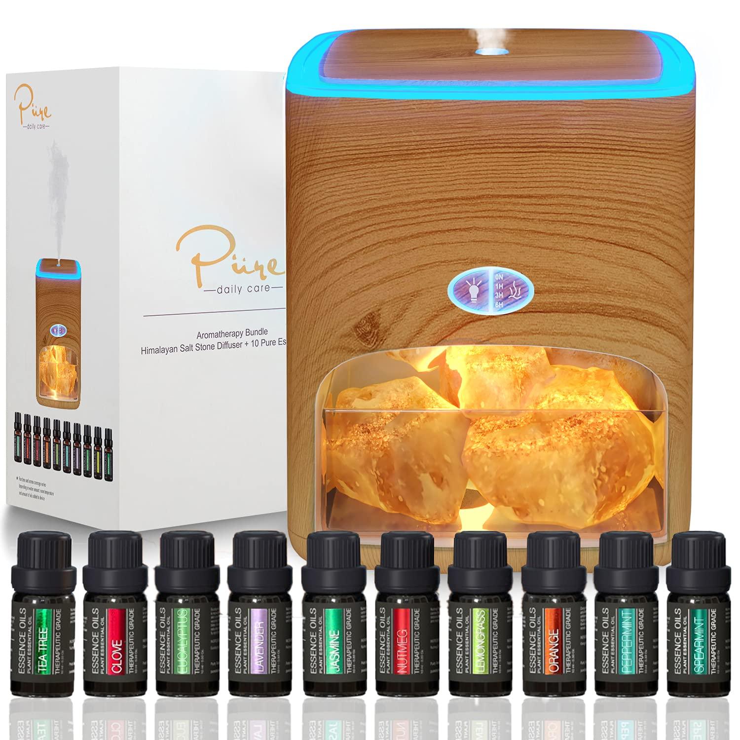 Pure Daily Care Himalayan Aromatherapy Pink Salt Diffuser & 10 Essential Oils (Light Wood)
